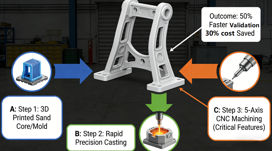 Infographic illustrating a hybrid prototyping strategy for an aerospace bracket, combining 3D printed sand molds, rapid precision casting, and 5-axis CNC machining into a single, optimized validation workflow.