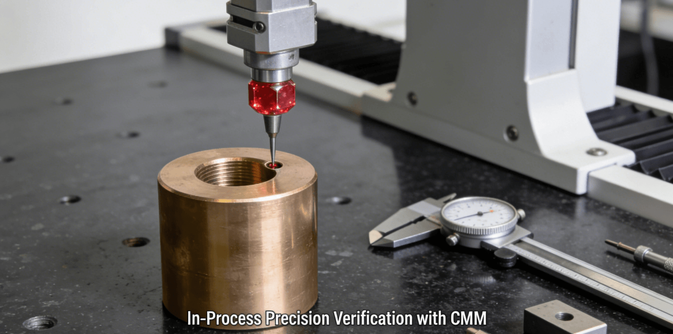 A machined bronze component undergoing precise dimensional verification using a coordinate measuring machine (CMM) in a quality control lab.