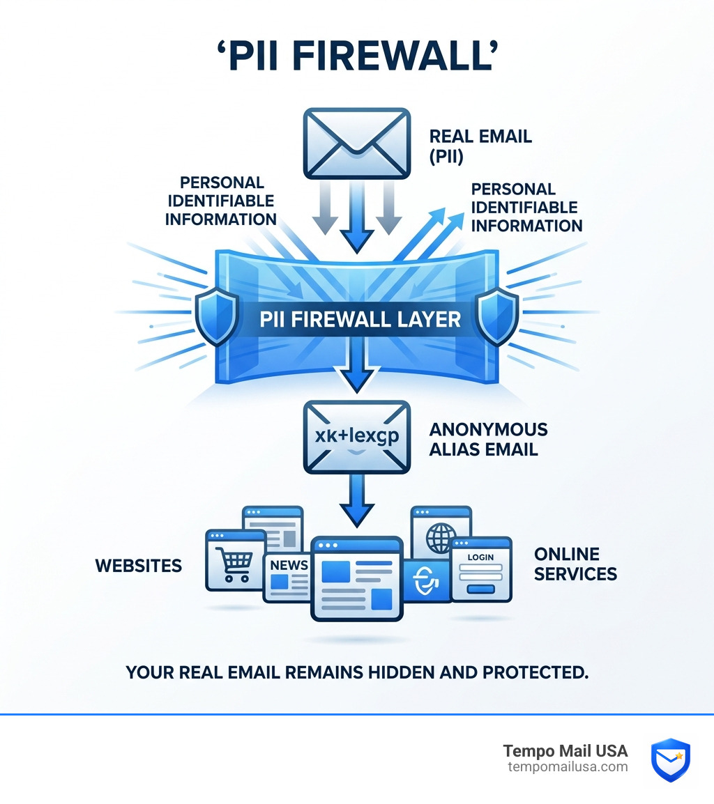 Infographic showing the PII Firewall concept: real email blocked by anonymous alias layer before reaching websites